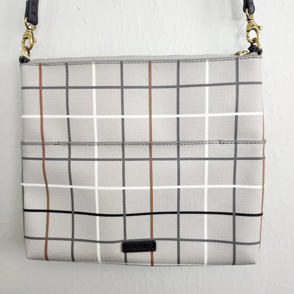 NEW Fossil Fiona Large Crossbody Bag Gray Beige Plaid Neutral Checkered Purse